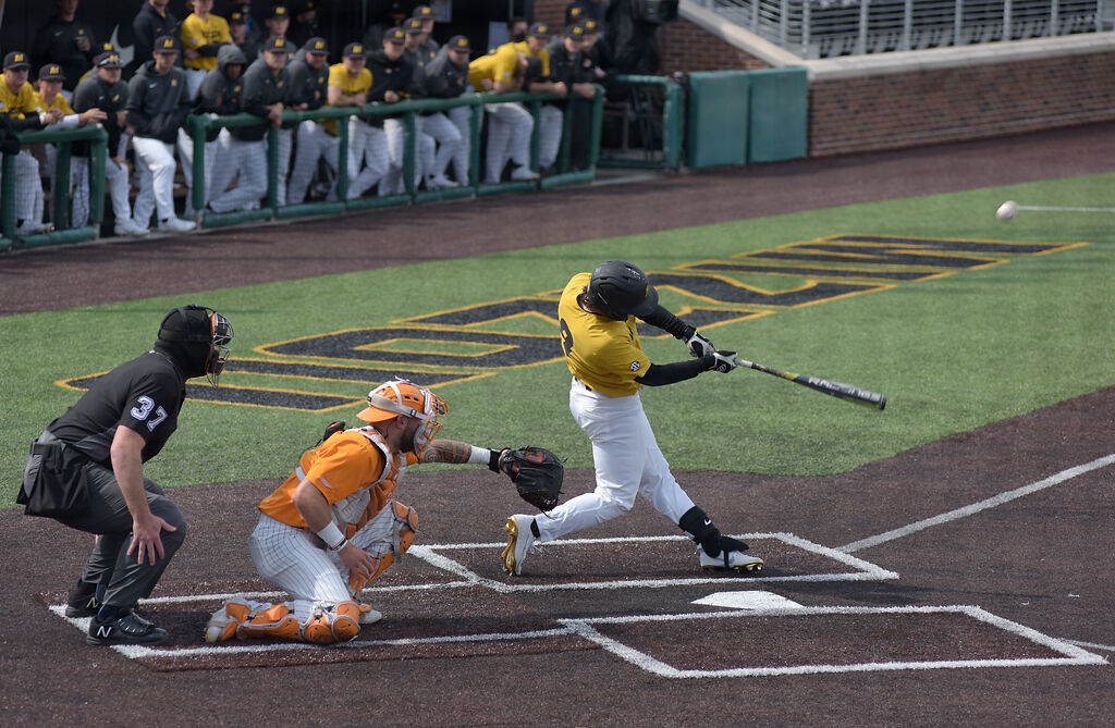 Mark Vierling hits the ball on Saturday in Columbia. Vierling is a senior infielder from St. Louis.